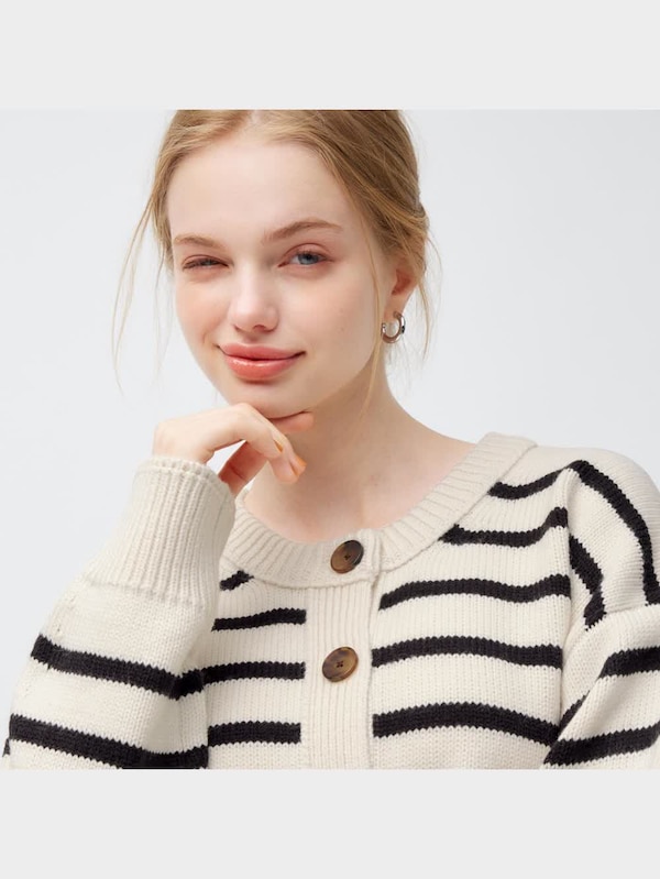 ミドルゲージクルーネックカーディガン(長袖)(ボーダー)