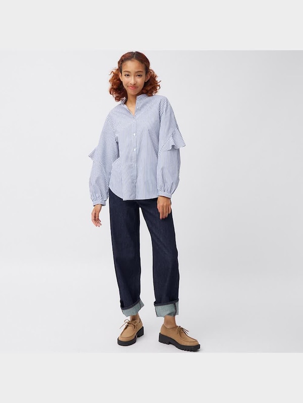 ラッフルスリーブブラウス(長袖)(ストライプ)
