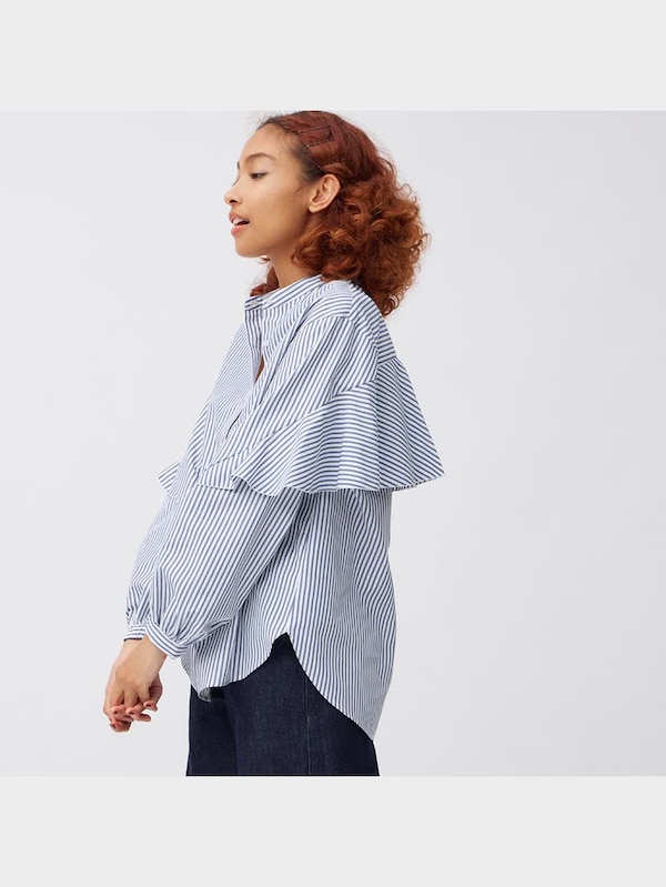 ラッフルスリーブブラウス(長袖)(ストライプ)