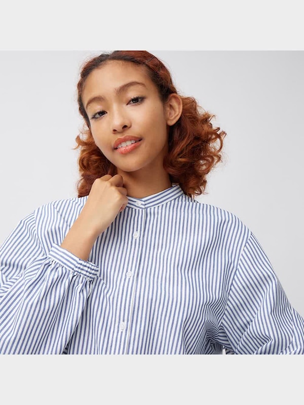 ラッフルスリーブブラウス(長袖)(ストライプ)