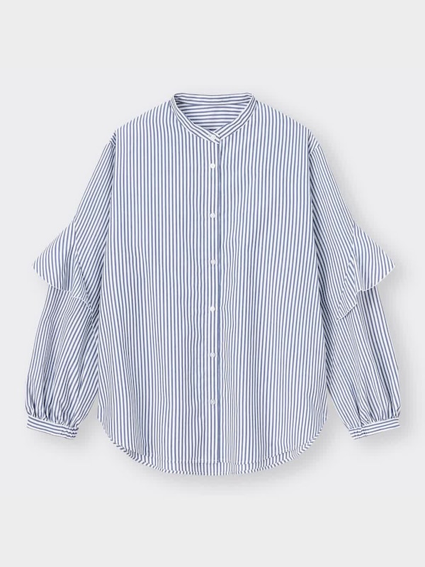 ラッフルスリーブブラウス(長袖)(ストライプ)