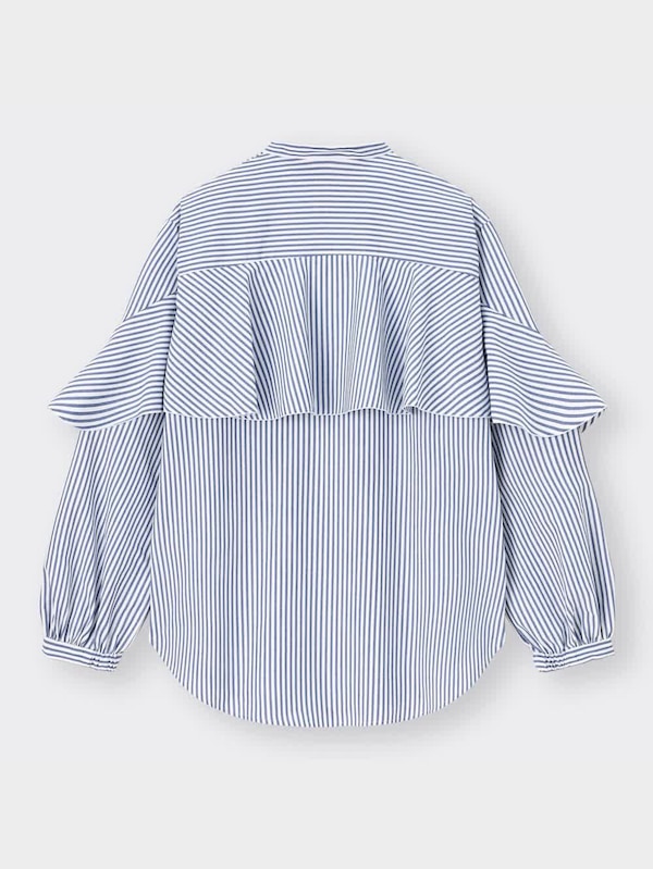 ラッフルスリーブブラウス(長袖)(ストライプ)