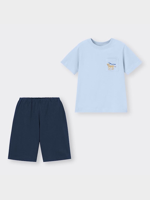 KIDS(男女兼用)コットンラウンジセット(半袖&ショートパンツ)(チーター)