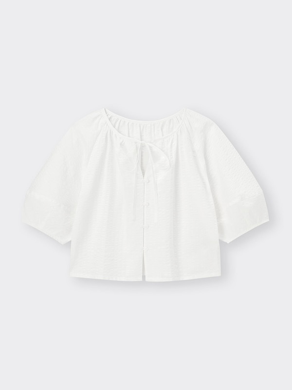 テクスチャーランタンスリーブブラウス(5分袖)Q