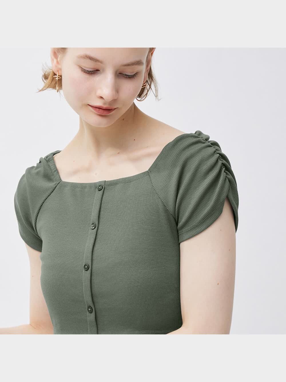 stitch様 GU公式 | フロントボタンオフショルダーT(半袖)+E