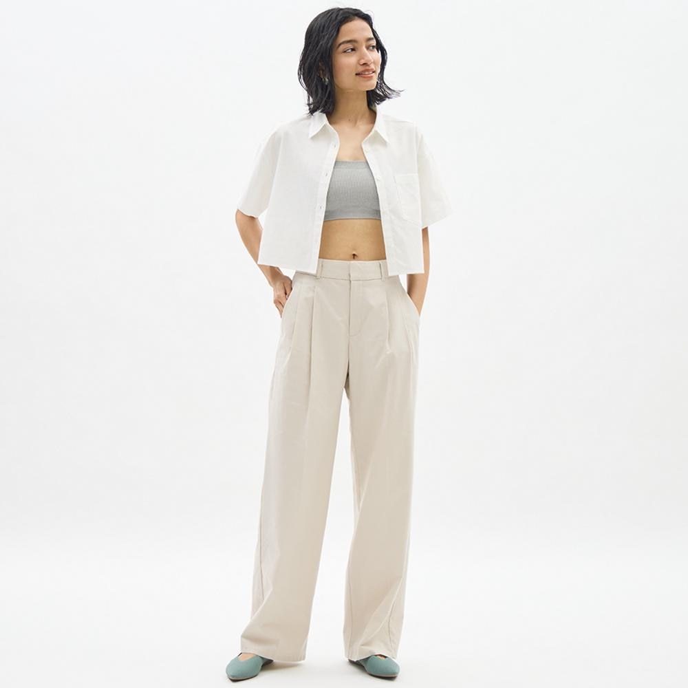 WOMEN | Linen blend tuck wide pants + EC (length 80.0cm)