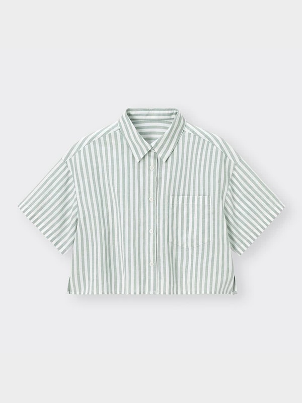 リネンブレンドクロップドシャツ(半袖)(ストライプ)