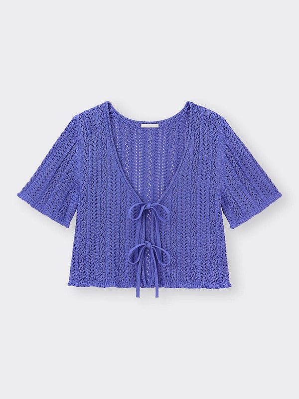 透かし編みフロントリボンカ�ーディガン(半袖)