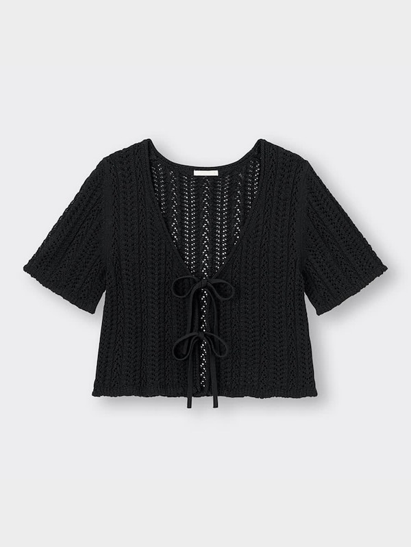 透かし編みフロントリボンカーディガン(半袖)