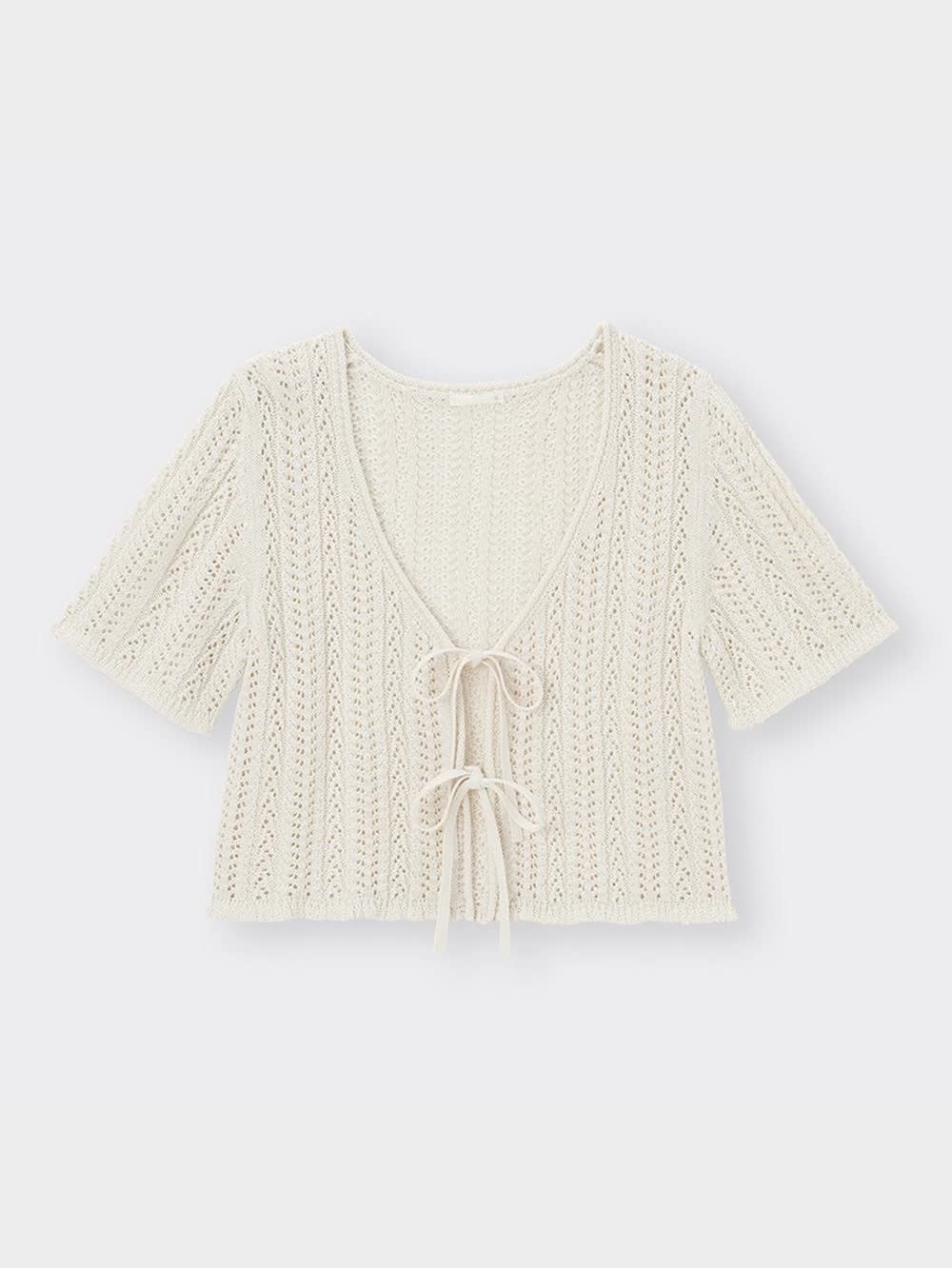 GU公式 | 透かし編みフロントリボンカーディガン(半袖)