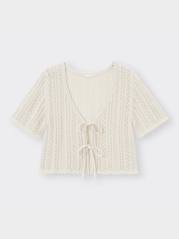 透かし編みフロントリボンカーディガン(半袖)