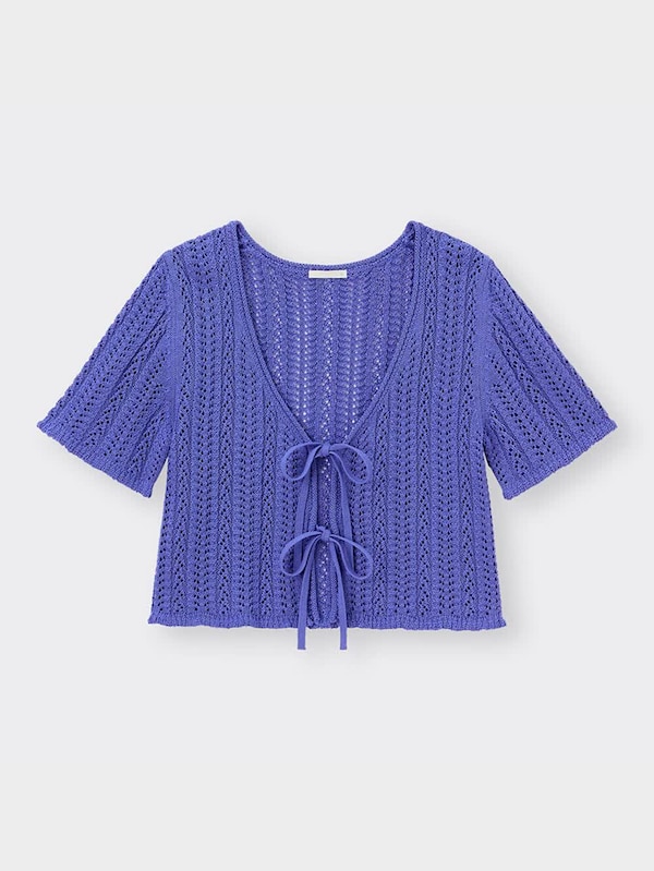 透かし編みフロントリボンカーディガン(半袖)