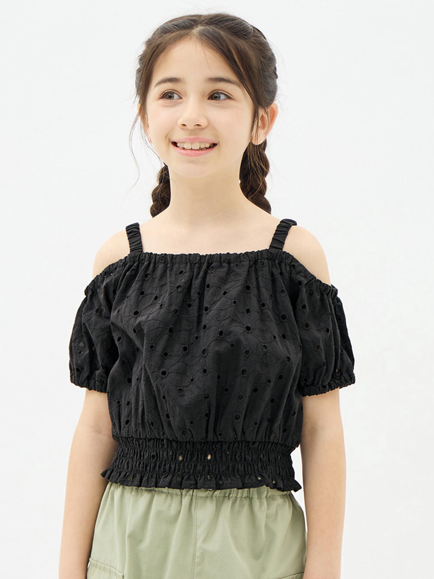 GU公式 | GIRLSオフショルダーコットンレースブラウス(半袖)