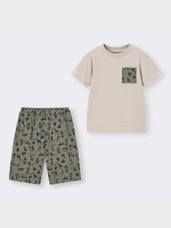 KIDS(男女兼用)コットンラウンジセット(半袖&ショートパンツ)(サファリ)