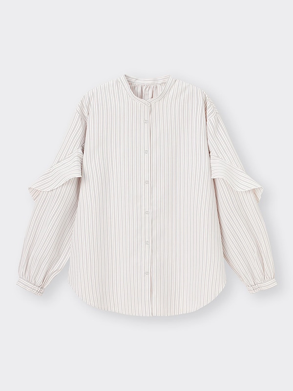ラッフルスリーブブラウス(長袖)(ストライプ)