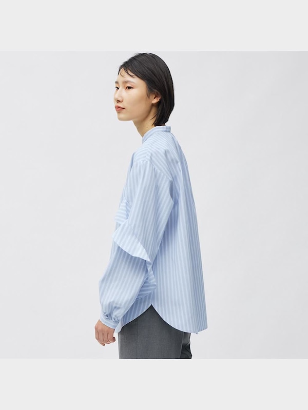 ラッフルスリーブブラウス(長袖)(ストライプ)
