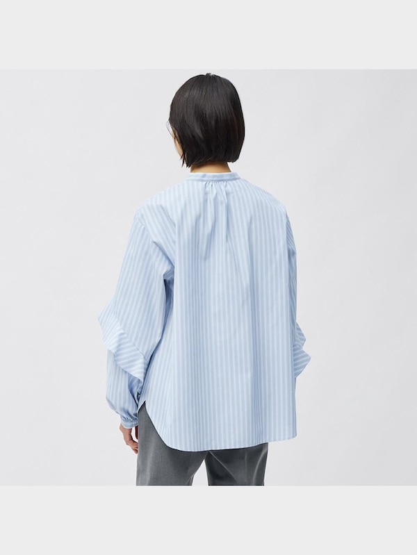 ラッフルスリーブブラウス(長袖)(ストライプ)