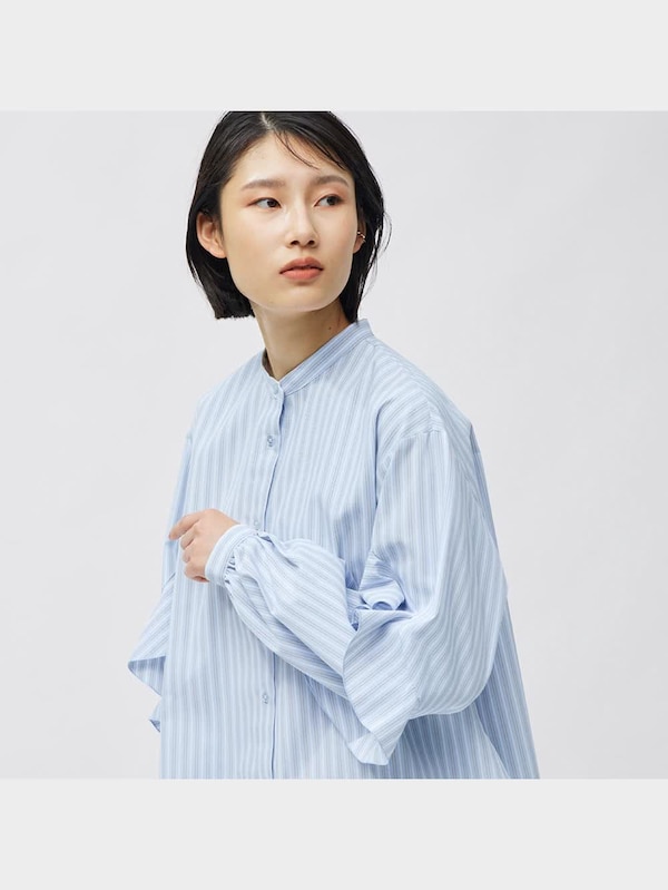 ラッフルスリーブブラウス(長袖)(ストライプ)