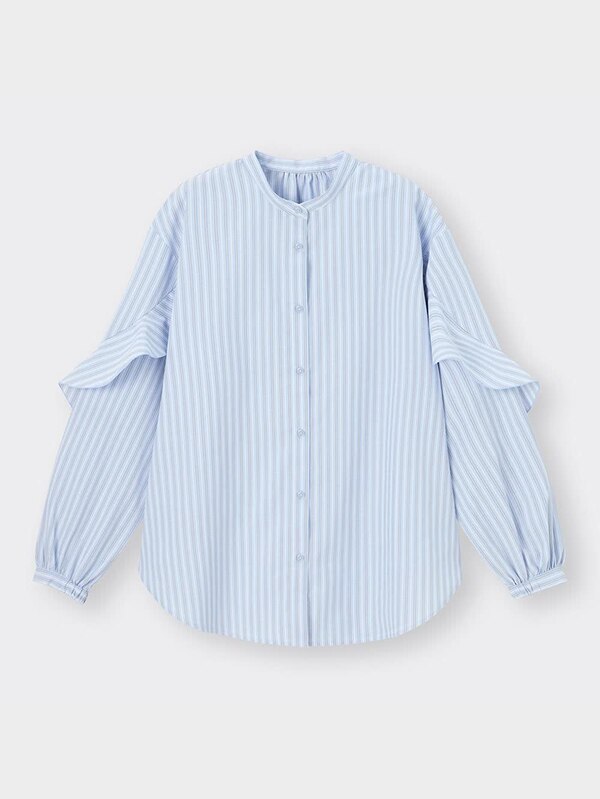 ラッフルスリーブブラウス(長袖)(ストライプ)