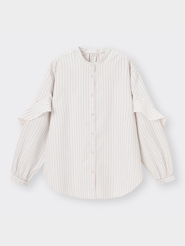 ラッフルスリーブブラウス(長袖)(ストライプ)