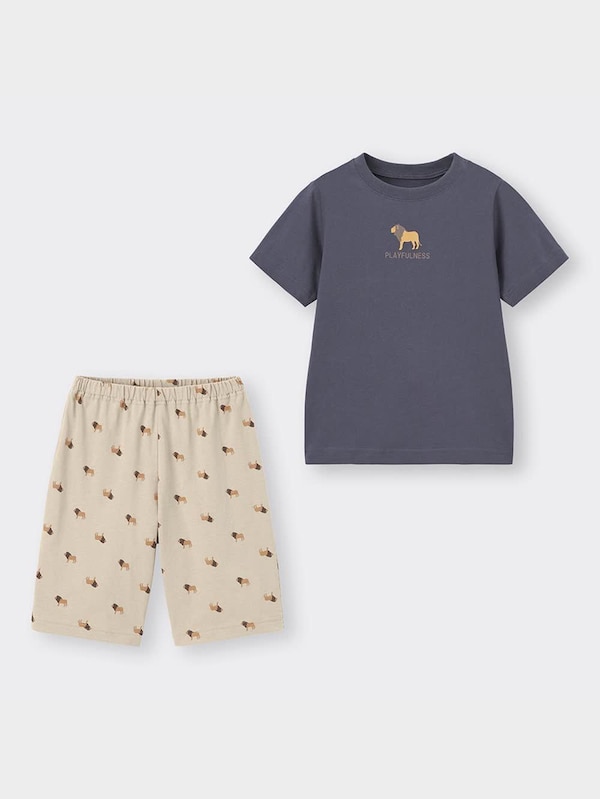 KIDS(男女兼用)コットンラウンジセット(半袖&ショートパンツ)(ライオン)