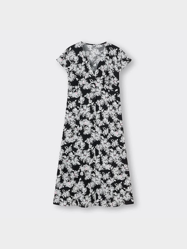 Vネックプリントワンピース(半袖)(フラワーA)