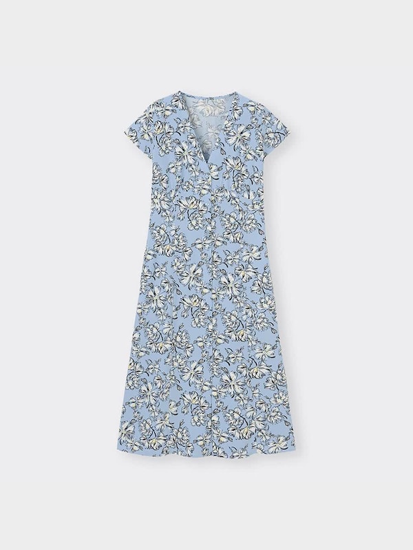 Vネックプリントワンピース(半袖)(フラワーA)