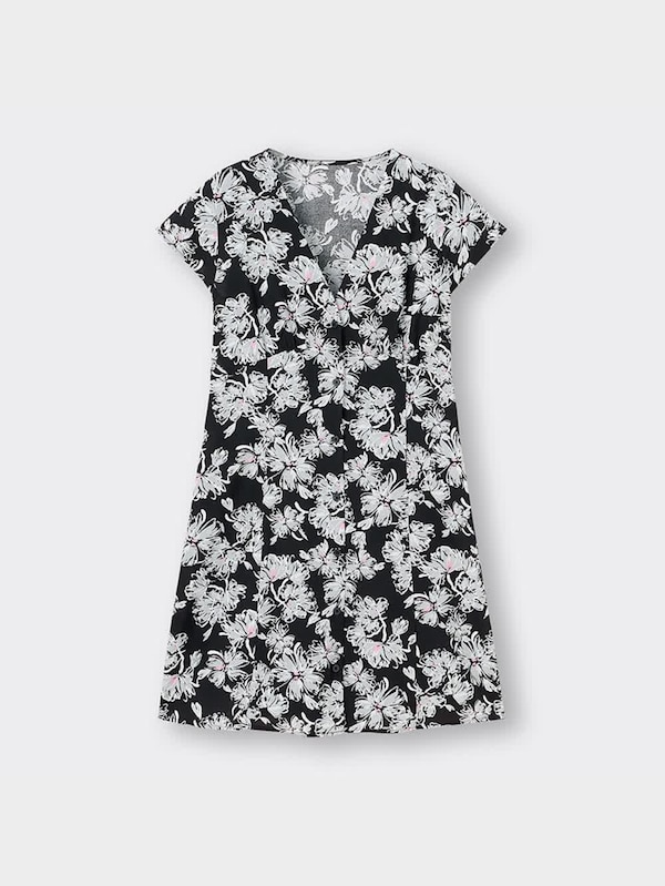 Vネックプリントミニワンピース(半袖)(フラワーA)+X