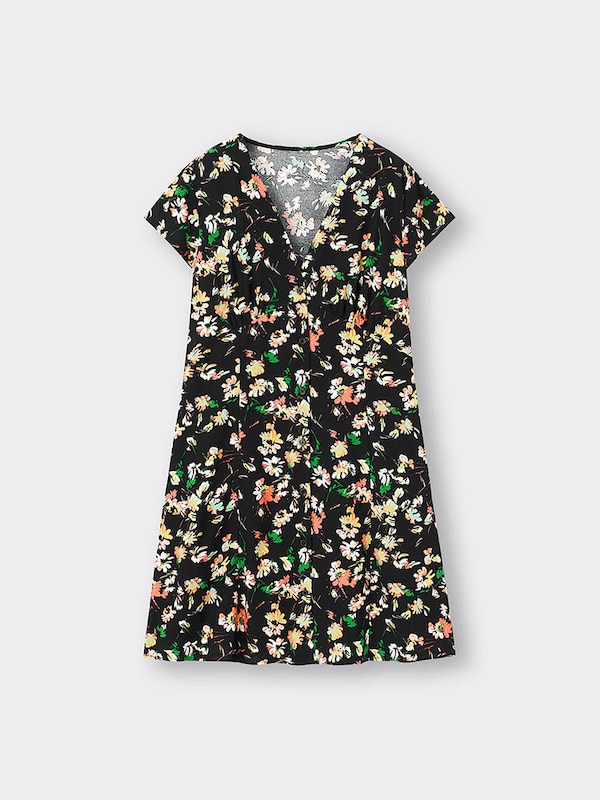 Vネックプリントミニワンピース(半袖)(フラワーB)+X