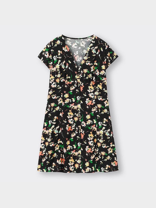 Vネックプリントミニワンピース(半袖)(フラワーB)+X