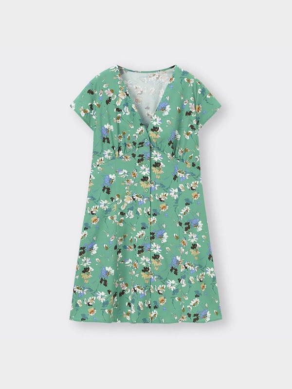 Vネックプリントミニワンピース(半袖)(フラワーB)+X