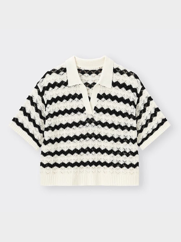 透かし編みスキッパーポロセーター(半袖)(ボーダー)