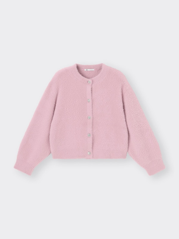 GIRLSシャギーニットビジューボタンカーディガン