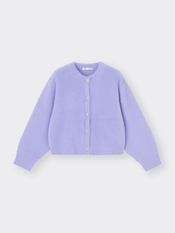 GIRLSシャギーニットビジューボタンカーディガン