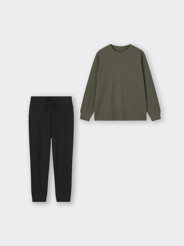 ワッフルストレッチソフトラウンジセット(長袖&ロングパンツ)