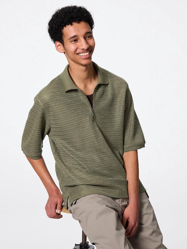 メッシュハーフジップポロシャツ(5�分袖)