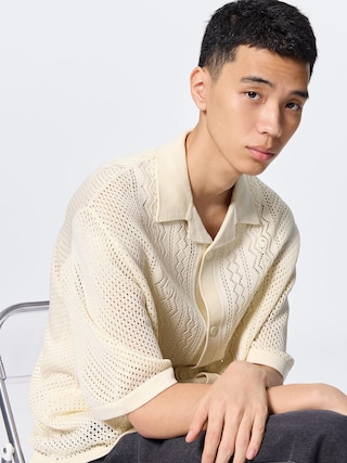 ウォッシャブルメッシュニットシャツ(5分袖) 【メンズ】 【ニット・カーディガン】【GU公式/ジーユー】 【OFF WHITE】 ウォッシャブルメッシュニットシャツ(5分袖) 【メンズ】 【ニット・カーディガン】【GU公式/ジーユー】 【OFF WHITE】