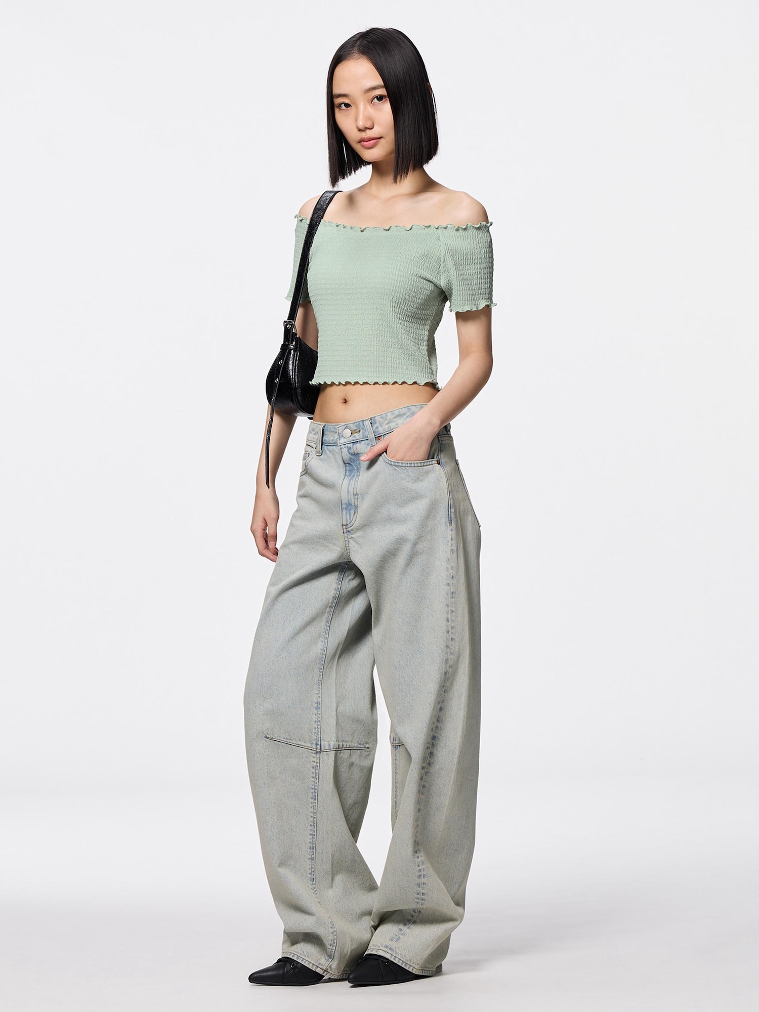トップス Tシャツ オフショルダー シャーリング 長袖 クロップド ナチュラルライン 無地 モード お出かけ y/m | オフショルダー半袖トップス (ニット ) |SHEL'TTER WEBSTORE
