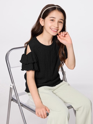 GIRLSシャーリングオープンショルダーT 【KIDS・TEEN】 【キッズ Tシャツ・スウェット・ニット】【GU公式/ジーユー】 【BLACK】 GIRLSシャーリングオープンショルダーT 【KIDS・TEEN】 【キッズ Tシャツ・スウェット・ニット】【GU公式/ジーユー】 【BLACK】