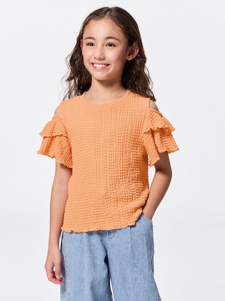 GIRLSシャーリングオープンショルダーT 【KIDS・TEEN】 【キッズ Tシャツ・スウェット・ニット】【GU公式/ジーユー】 【ORANGE】 GIRLSシャーリングオープンショルダーT 【KIDS・TEEN】 【キッズ Tシャツ・スウェット・ニット】【GU公式/ジーユー】 【ORANGE】