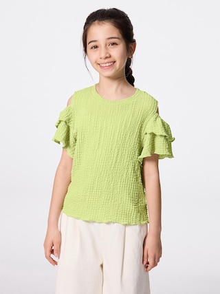 GIRLSシャーリングオープンショルダーT 【KIDS・TEEN】 【キッズ Tシャツ・スウェット・ニット】【GU公式/ジーユー】 【GREEN】 GIRLSシャーリングオープンショルダーT 【KIDS・TEEN】 【キッズ Tシャツ・スウェット・ニット】【GU公式/ジーユー】 【GREEN】