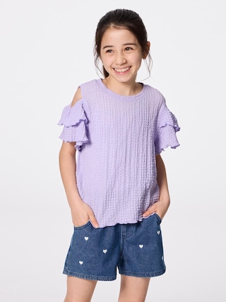 GIRLSシャーリングオープンショルダーT 【KIDS・TEEN】 【キッズ Tシャツ・スウェット・ニット】【GU公式/ジーユー】 【PURPLE】 GIRLSシャーリングオープンショルダーT 【KIDS・TEEN】 【キッズ Tシャツ・スウェット・ニット】【GU公式/ジーユー】 【PURPLE】