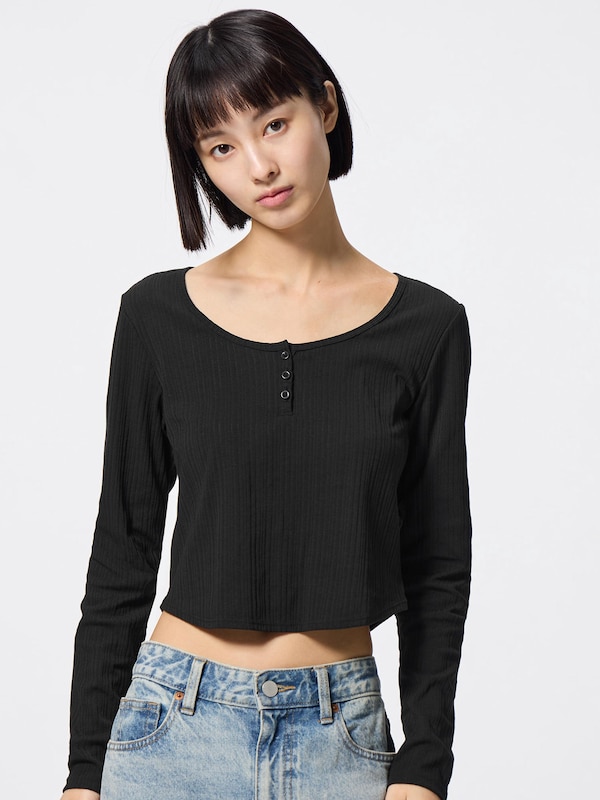 コットンブレンドリブクロップドヘンリーT(長袖)(ドライ)