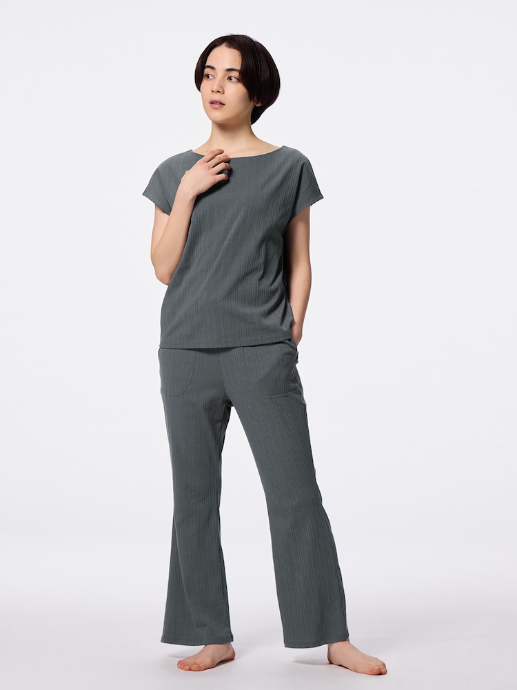 GU公式 | コットンブレンドリブラウンジセット(半袖&ロングパンツ) 