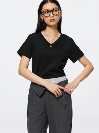 コットンスムースVネックT+EC 【レディース】 【Tシャツ・スウェット】【GU公式/ジーユー】 【BLACK】 コットンスムースVネックT+EC 【レディース】 【Tシャツ・スウェット】【GU公式/ジーユー】 【BLACK】