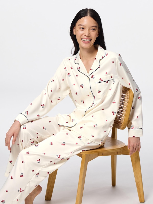 サテンパジャマ(長袖&��ロングパンツ)(チェリー)