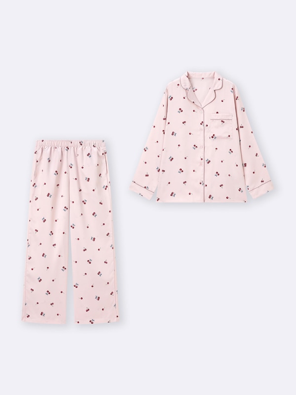 サテンパジャマ(長袖&ロングパンツ)(チェリー)