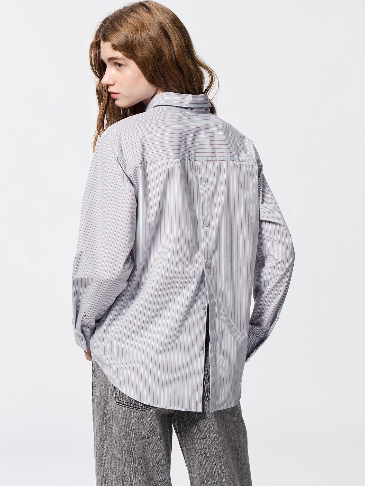 【YANUK】 バックボタン ストライプ ビッグシャツ 紫　S YANUK】 バックボタン ストライプ ビッグシャツ 紫 S - メルカリ