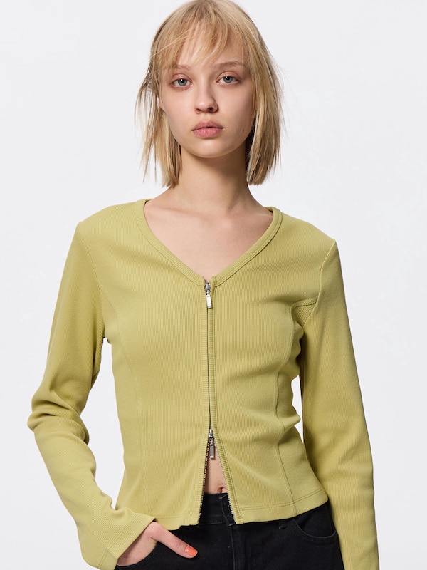 リブダブルジップVネックカーディガン