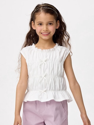 GIRLSフロントリボンシャーリングT(ノースリーブ) 【KIDS・TEEN】 【キッズ Tシャツ・スウェット・ニット】【GU公式/ジーユー】 【OFF WHITE】 GIRLSフロントリボンシャーリングT(ノースリーブ) 【KIDS・TEEN】 【キッズ Tシャツ・スウェット・ニット】【GU公式/ジーユー】 【OFF WHITE】